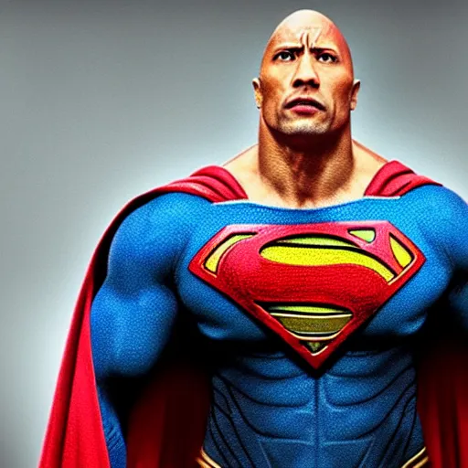 Image similar to dwayne johnson as superman, face visible, full body shot, highly - detailed, sharp focus, award - winning