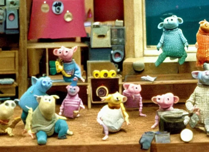 Prompt: a scene from a 1 9 7 0 s british kids tv programme by the bbc and oliver postgate, stop motion animation, the clangers, postman pat, vhs distortion, folk horror