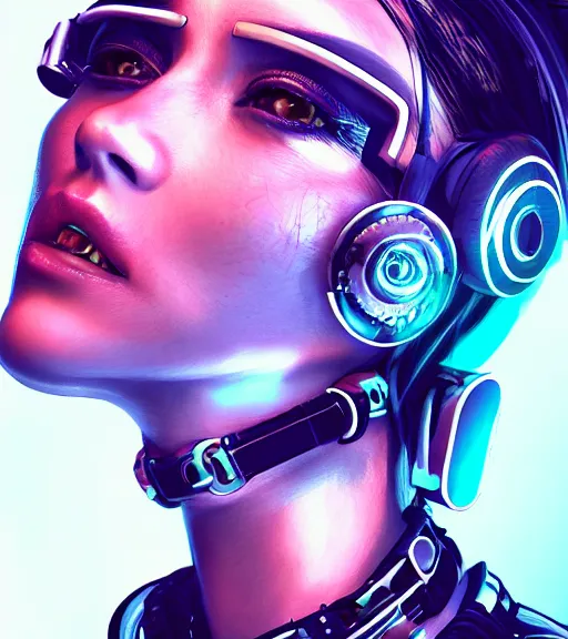 Image similar to detailed realistic female character cyberpunk wearing thick technological collar around neck, realistic, art, beautiful, 4K, collar, choker, collar around neck, punk, artstation, detailed, female, woman, choker, cyberpunk, neon, punk, collar, choker, collar around neck, cyberpunk, punk, neon