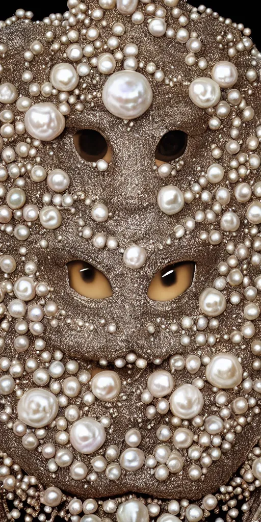 Image similar to hyperrealism, detailed textures, award winning autochrome photo, symetrical japanese pearl, beautiful animal pearl queen, autochrome pearl portrait, pearl silverplate, intricate, detailed facial pearl scary animal mask, pearl, golden jewelery, silverplate, ultra realistic, cinematic, intricate, by steve mccurry, unreal engine 8 k