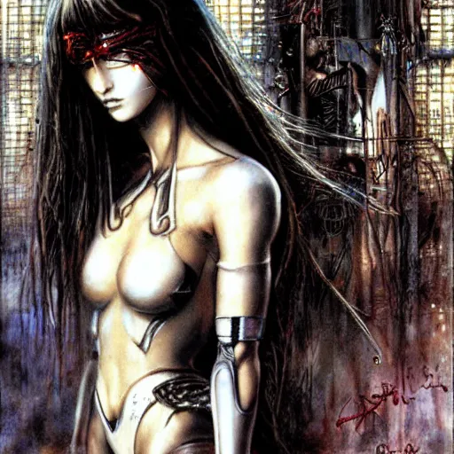 Prompt: cyborg princess, painting by Luis Royo