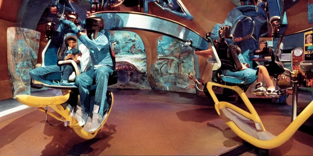 Prompt: 1990s photo of inside the E.T. ride at Universal Studios in Orlando, Florida, riding the flying bike with E.T. , cinematic, UHD