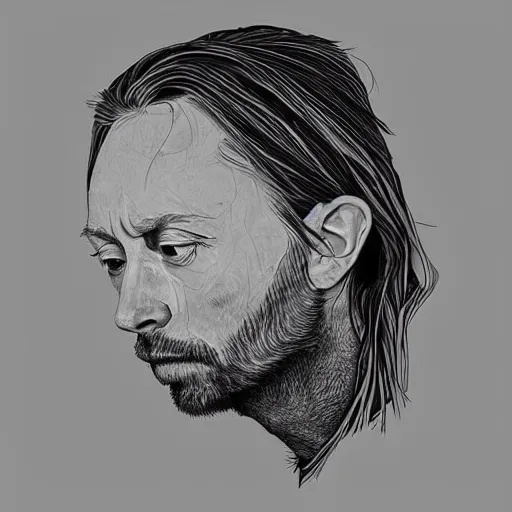 Image similar to “Thom Yorke face in profile, made of flowers, in the style of the Dutch masters, dark and moody”