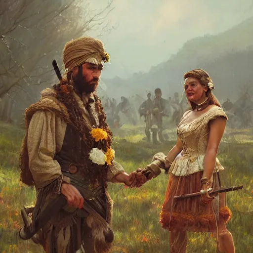 Image similar to ANeanderthal wedding, historically accurate, highly detailed, oil painting, artstation, realistic painting by WLOP