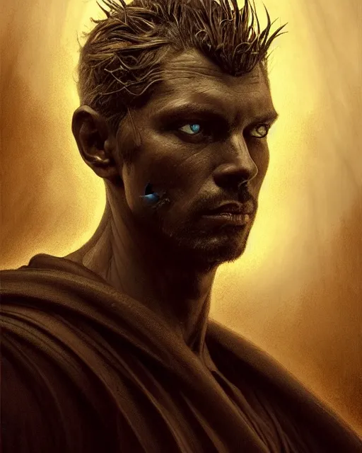 Prompt: realistic wide angle portrait of a handsome bishop, dark, dark magic, heroic pose, beautiful face, full body, dramatic lighting, dark and horror, dust and blood, intricate, wild, highly detailed, digital painting, artstation, concept art, smooth, sharp focus, illustration, art by artgerm and greg rutkowski and alphonse mucha, footage from space camera