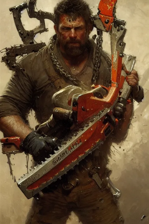 Image similar to man with a chainsaw for a head and chainsaws for arms portrait dnd, painting by gaston bussiere, craig mullins, greg rutkowski, yoji shinkawa