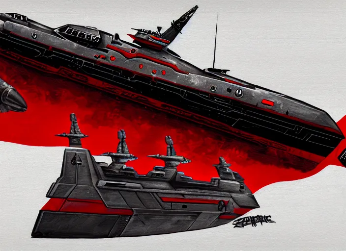 Prompt: digital painting of a republic hammerhead class cruiser with a red! banner! showing a black! warhammer!, space void background, concept art, higly detailed