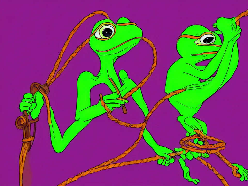 Prompt: extremely detailed digital painting of a pepe the frogs with a whip, stunning scene, perfect face, bright colors, 4 k resolution, trending on artstation