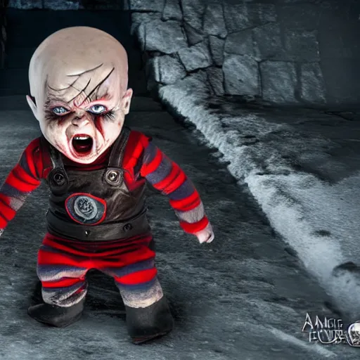 Image similar to screaming chucky doll as the night king on game of thrones octane render