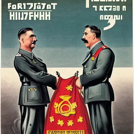 Image similar to leader of fascist hungary, viktor orban, adolf hitler and joseph stalin win farting contest together, soviet propaganda poster art from 1 9 4 4, colored, highly detailed illustration