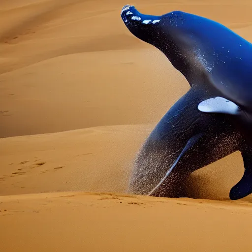 Image similar to a magic whale jumping out of the sand majestically, realistic, 4 k