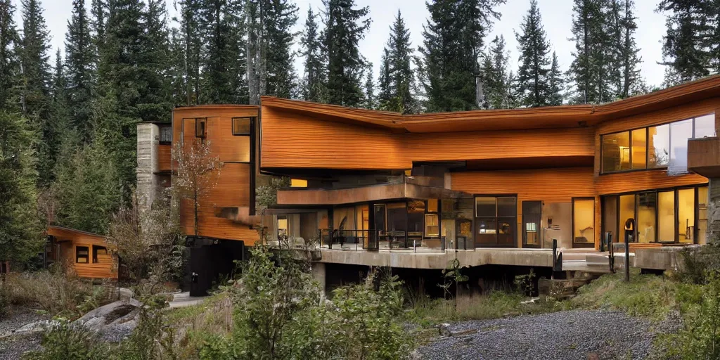 Prompt: large modern lodge type residence, cascadian, cedar and concrete, many large windows