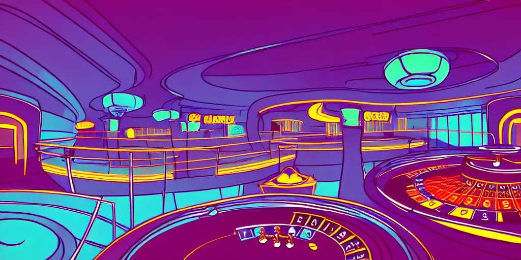 Image similar to minimalistic extreme wide angle curved perspective digital art of indoor top floor of a casino with a balcony to the ground floor by anton fadeev from ( nightmare before christmas )!!!!!!!!!!