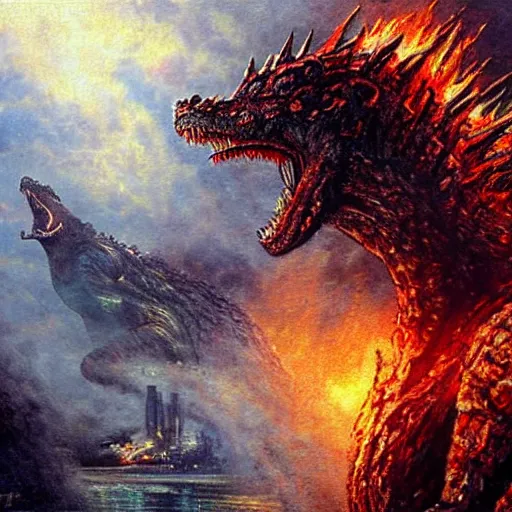 Prompt: realistic beautiful painting taken from scene in godzilla movie, when human mutate into a berserk werewolf attack godzilla. horror, created by thomas kinkade and gustave courbet.