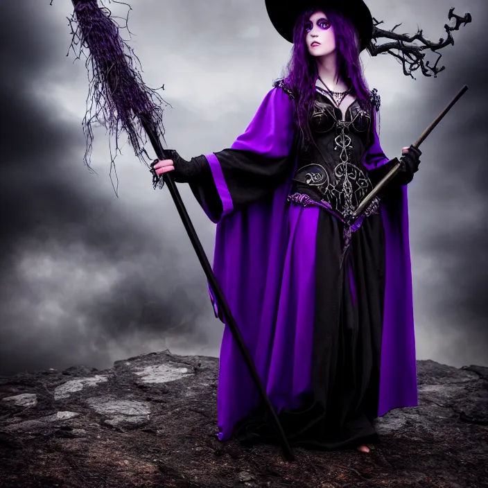 Image similar to professional photograph of a real - life beautiful elemental darkness witch with ornate purple and black robes and staff. extremely detailed. 8 k