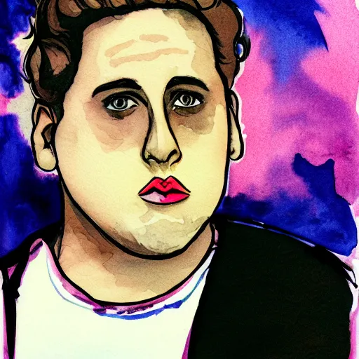 Image similar to jonah hill, stylized. Watercolor and ink. 1990s.