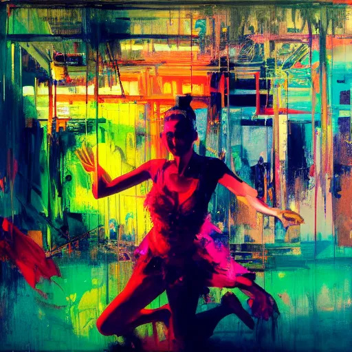 Prompt: portrait of beautiful girl sensual dancing, ecstatic, wonderful techno party berghain, bright vibrant colors, utopia, by by greg rutkowski, by jeremy mann, by francoise nielly