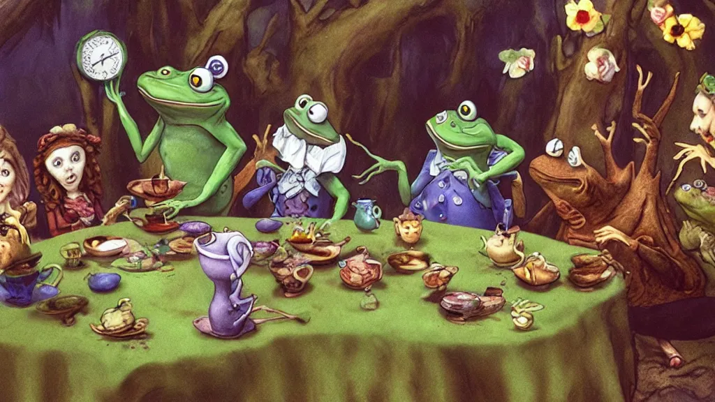 Prompt: A movie screenshot of frogs and toads (by Brian Froud) having tea with Alice in Wonderland, directed by Henry Selick and Tim Burton, claymation, cinematic, balanced composition, whimsical.