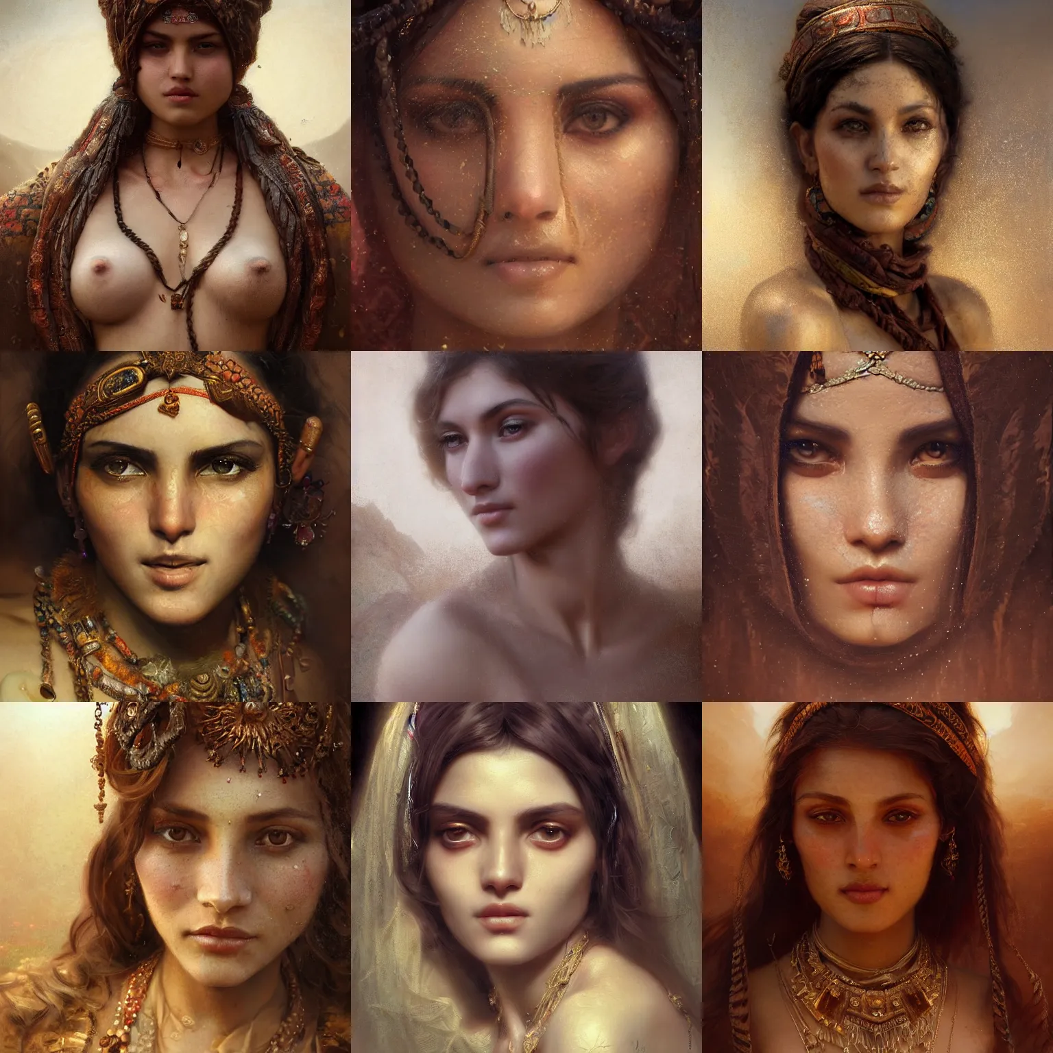 Prompt: orientalism portrait of a cute woman in the desert face detail by theodore ralli and nasreddine dinet and nikolay makovsky and bastien lecouffe deharme, masterful intricate artwork, excellent lighting, high detail 8 k