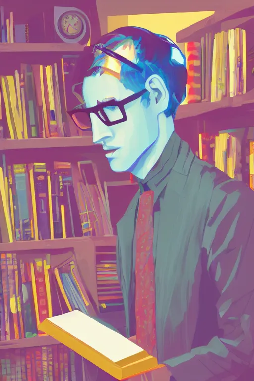 Prompt: digital painting of a magic nerdy guy reading a book in a cluttered messy bedroom, vaporwave, vaporwave colors, perfect face, detailed face, symmetrical face, fantasy, scifi, sci fi,