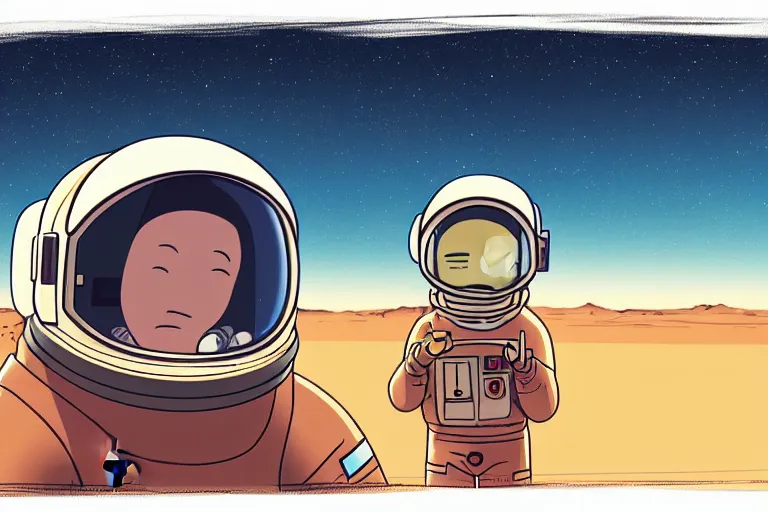 Prompt: a study of a cell shaded cartoon astronaut holding and smoking a joint on a desert road in front of a big moon, full body, wide shot, very muted colors, post grunge, studio ghibli, laurie greasley, highly detailed, deviantart, art by artgem