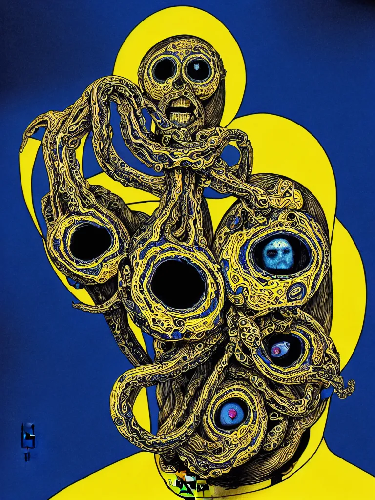 Image similar to a self portrait by the artist kelbv, in distinct hyper detailed style with tubes coming from eyes, and hollowed skull filled with blue and yellow paisley ellipsoids, perfect studio lighting against a backdrop of a still from the movie squid asthma.