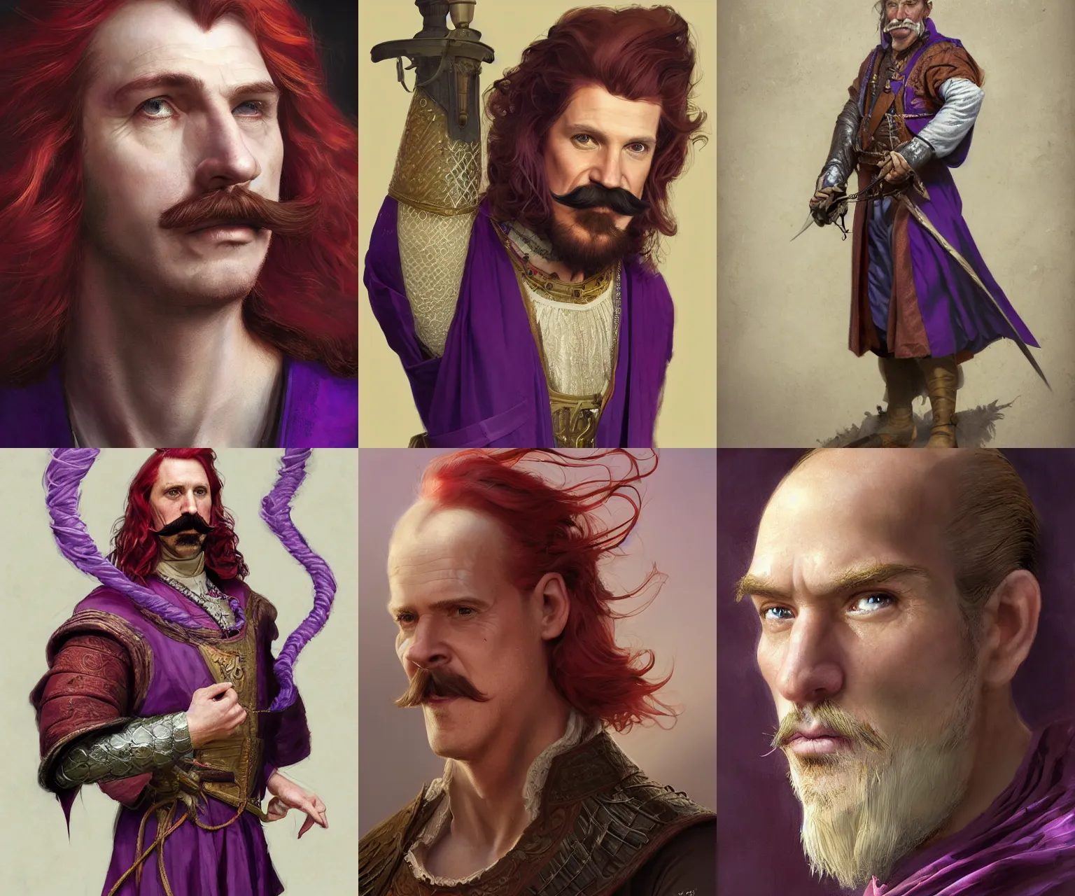 Prompt: half - length portrait of a 6 0 - year - old human male noble with long red hair wearing purple fine silks, mustache and soul patch, no beard, medieval setting, detailed face, highly detailed, artstation, concept art, sharp focus, by greg rutkowski, craig mullins, artgerm