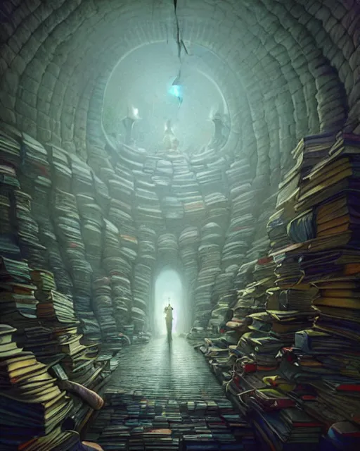 Image similar to highly detailed surreal vfx portrait of a creepy monster in a catacomb of books, stephen bliss, unreal engine, greg rutkowski, loish, rhads, beeple, makoto shinkai and lois van baarle, ilya kuvshinov, rossdraws, tom bagshaw, alphonse mucha, global illumination, detailed and intricate environment