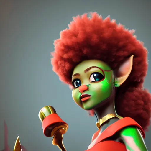 Image similar to beautiful afroame elf, clash royal style characters, unreal engine 5, octane render, detailed, cinematografic, cinema 4 d