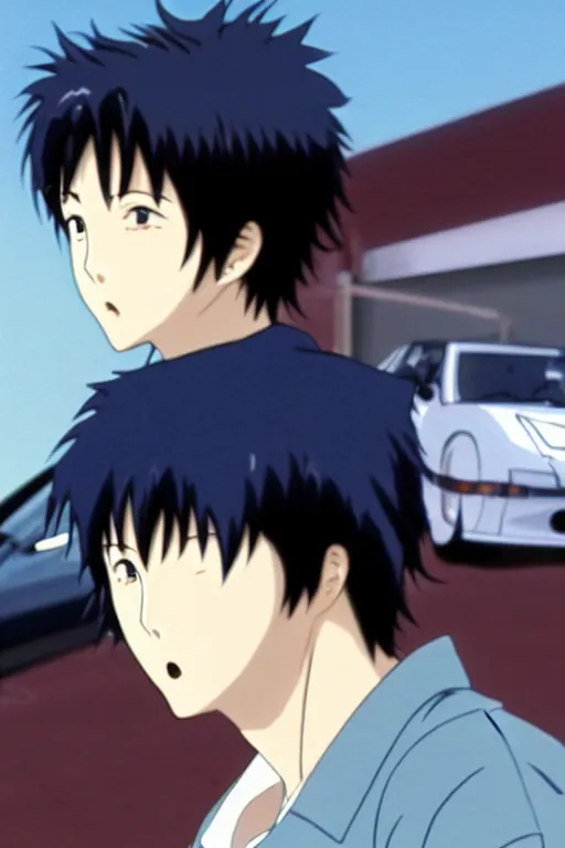 Prompt: very serious ryosuke takahashi with black hair wearing a dark blue shirt and white pants eating a cheeseburger stands leaning on his white mazda rx 7, initial d anime screenshot, initial d anime 1 0 8 0 p, detailed anime face, high detail, 9 0 s anime aesthetic