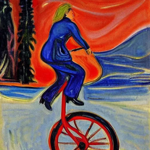 Image similar to Erna Solberg rising a unicycle oil canvas paining by Edvard Munch