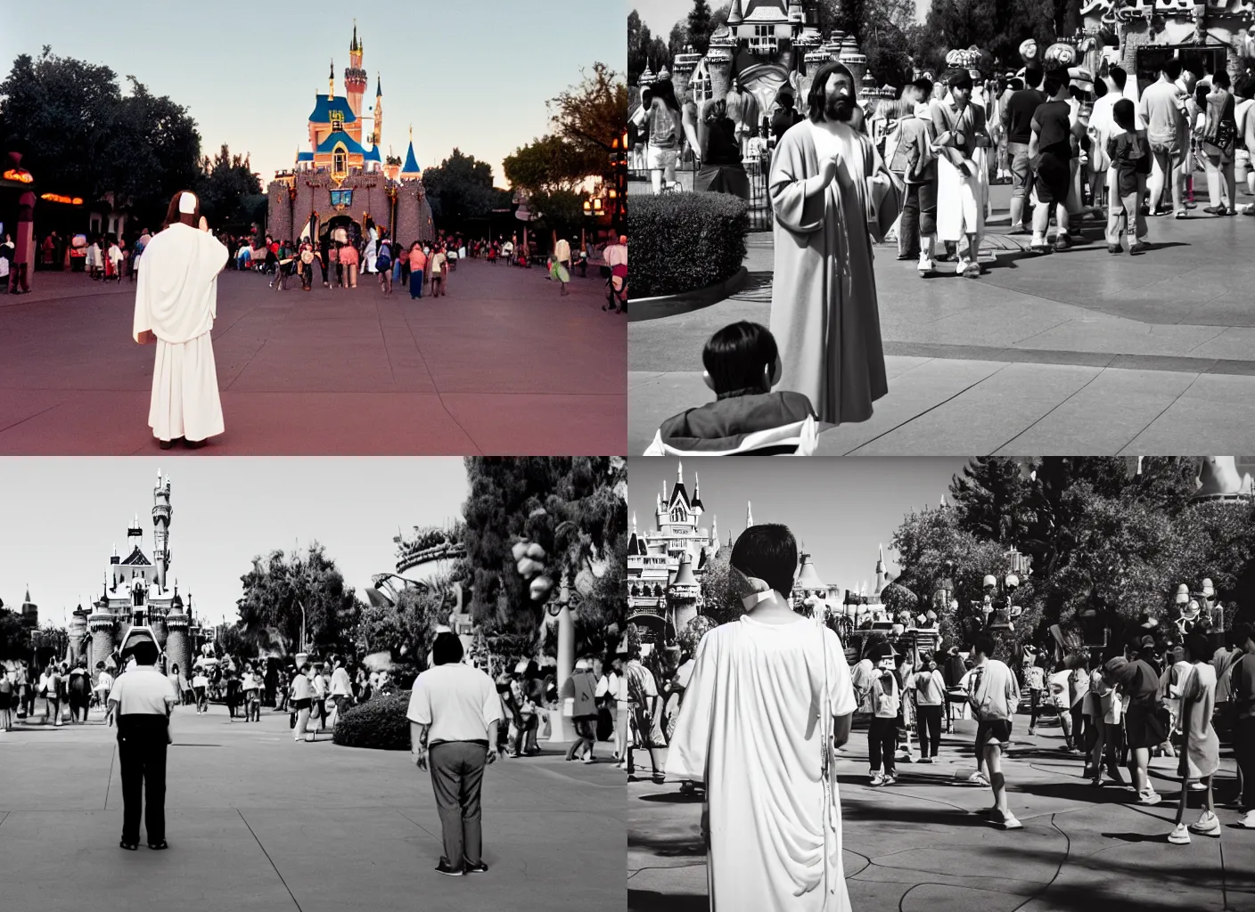 Prompt: Jesus at Disneyland, praying to Park Jae-sang to forgive his sins, cinematic scene, 35mm subject photography