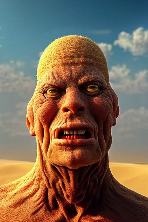 Image similar to hyperrealistic close - up monster! in dunes highly detailed concept art eric zener elson peter cinematic hard yellow lighting high angle hd 8 k sharp shallow depth of field, inspired by david paul cronenberg and zdzisław beksinski