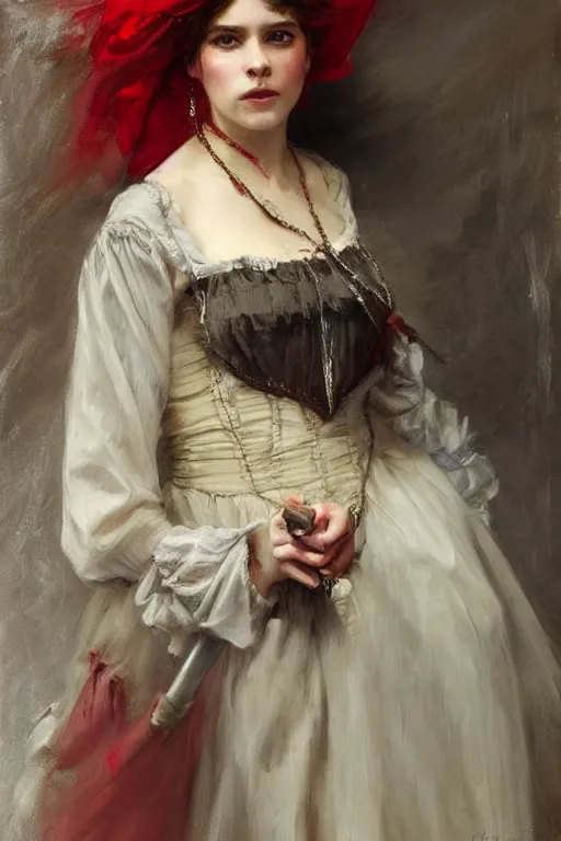 Image similar to Solomon Joseph Solomon and Richard Schmid and Jeremy Lipking victorian genre painting full length portrait painting of a young beautiful woman traditional german french pirate wench in fantasy costume, red background