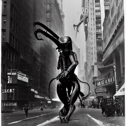 Image similar to old black and white photo, 1 9 1 3, depicting a xenomorph from the movie aliens rampaging through the bustling streets of new york city, historical record