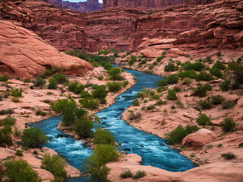 Image similar to “a river running through a canyon surrounded by desert mountains, moab, utah, a tilt shift photo by Frederic Church, trending on unsplash, hudson river school, photo taken with provia, national geographic photo, tilt shift”