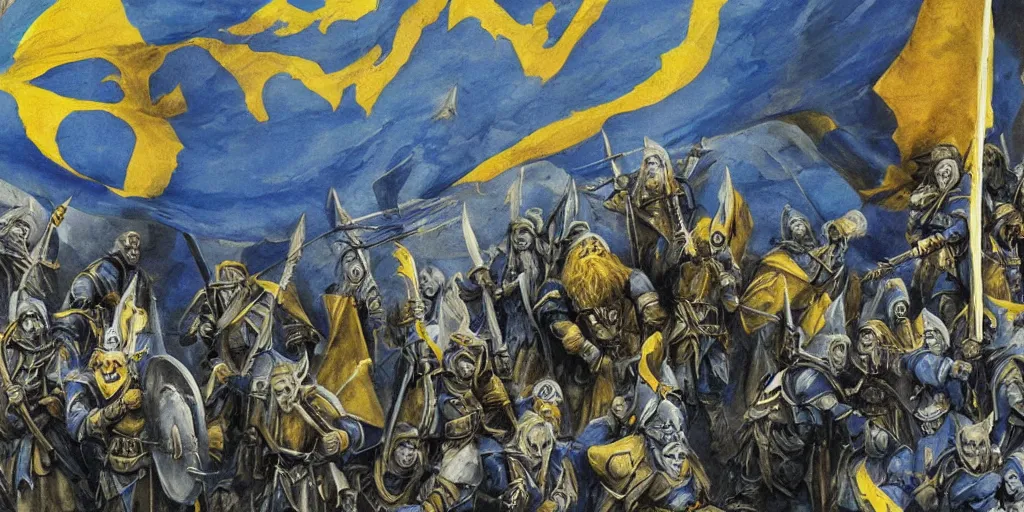 Image similar to Ukrainian elves with a blue and yellow flag, of the power of good and the light of heaven, from above win the battle over darkness and evil, orcs from Mordor from the depths of the earth and hell, extremely detailed