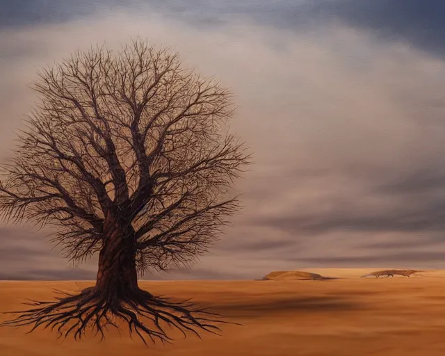 Image similar to a painting of a tree in the desert, an airbrush painting by breyten breytenbach, wavy sand pattern, cgsociety, neo - primitivism, airbrush art, dystopian art, apocalypse landscape