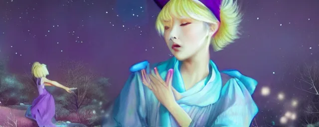 Image similar to Full View of a mysterious kpop fairy maidens with short blond hair wearing an oversized purple Beret, Baggy Purple overall shorts, Short Puffy pants made of silk, silk shoes, a big billowy scarf, Golden Ribbons, white leggings Covered in stars. Short Hair. peasant magic. masterpiece 4k digital illustration by Ruan Jia and Mandy Jurgens and Artgerm and william-adolphe bouguereau, award winning, Artstation, art nouveau aesthetic, Alphonse Mucha background, intricate details, realistic, panoramic view, Hyperdetailed, 8k resolution, intricate art nouveau, smooth, sharp focus