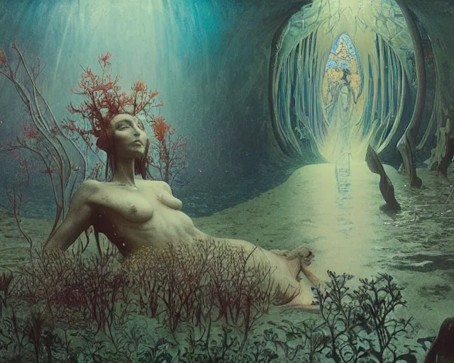 Prompt: the first sight after death, underwater scene, painted by zdzislaw beksinski and artgerm and greg rutkowski and alphonse mucha and rene laloux