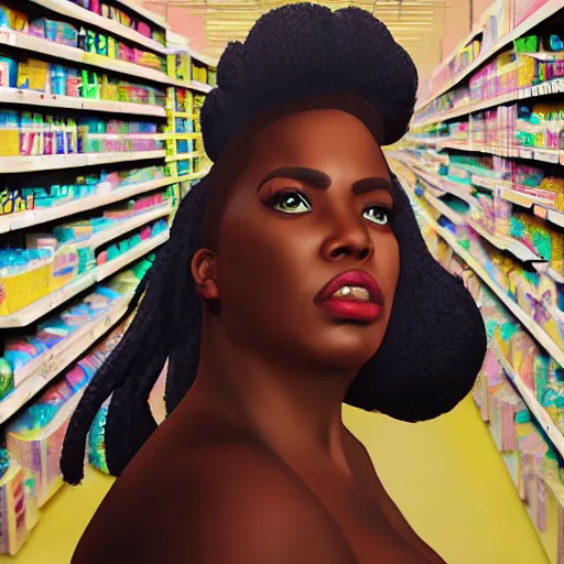 Image similar to stunning, coherent, beautiful painting, still of black bbw woman in wal-mart, follow shot, 3d, in the style of pixar, comic book style, 3d, highly detailed, 16k resolution, octane renderer, coherent, cinematic lighting