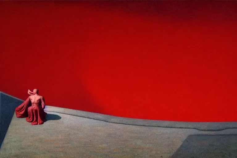 Prompt: only with red, a red melted emperor in an authoritarian position, taormina amphitheatre, crowd hails him, in the style of beksinski, parts by edward hopper, parts by rodcenko, parts by yue minjun, intricate and epic composition, red by caravaggio, insane quality, highly detailed, masterpiece, red light, artstation