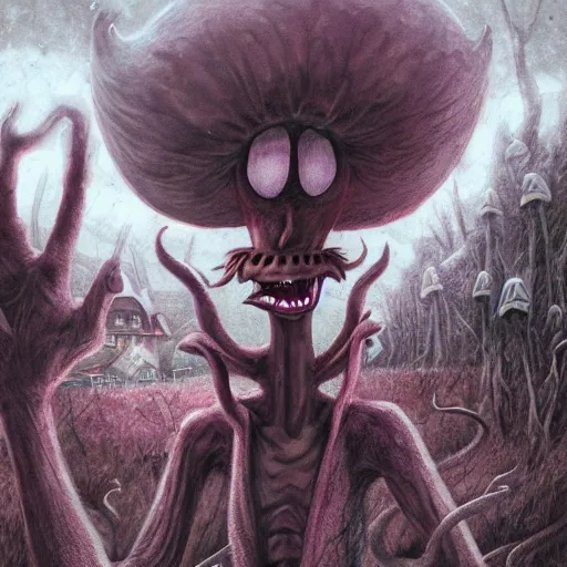 Image similar to 4 k headshot portrait of a psychedelic demonic anthropomorphic wendigo smoking a hand - rolled cigarette smoking heavily, magic mushroom village in background. award winning. superb resolution. in the art style of junji ito and greg rutkowski. detailed mushroom city in background. hyper realistic anime. perfect art. dalle 2