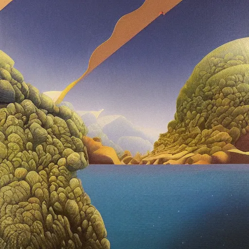 Prompt: painting of a lush natural scene on an alien planet by gerardo dottori. extremely detailed. futurism. beautiful landscape. weird vegetation. cliffs and water.