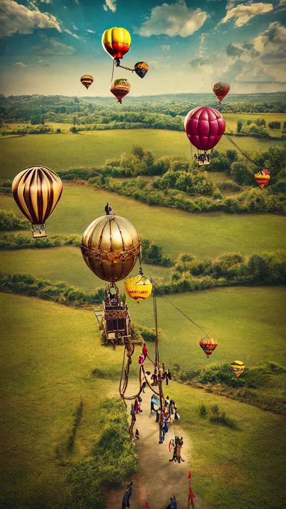 Image similar to large colorful vintage steampunk balloons with people on rope swings underneath, flying high over the beautiful countryside landscape, professional photography, 8 0 mm telephoto lens, realistic, detailed, digital art, unreal engine