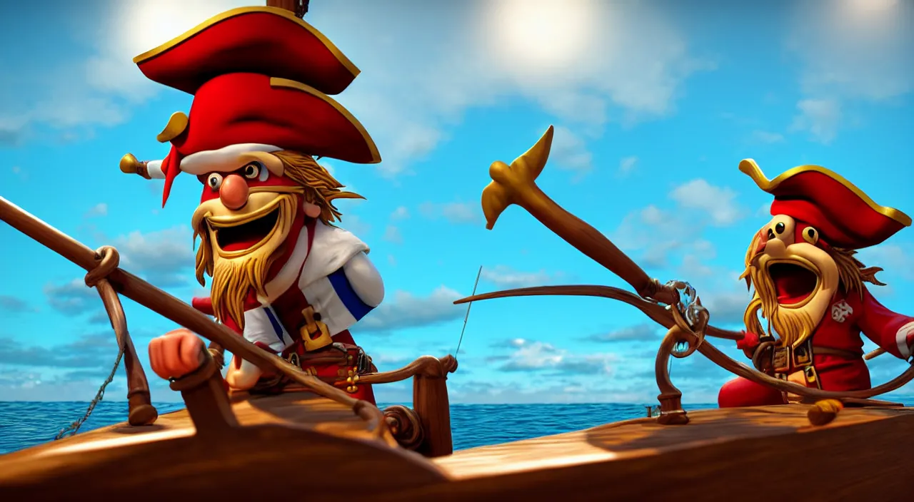 Image similar to a cartoonish pirate on a boat ready to conquer the island, highly detailed, photorealistic portrait, bright studio setting, studio lighting, crisp quality and light reflections, unreal engine 5 quality render