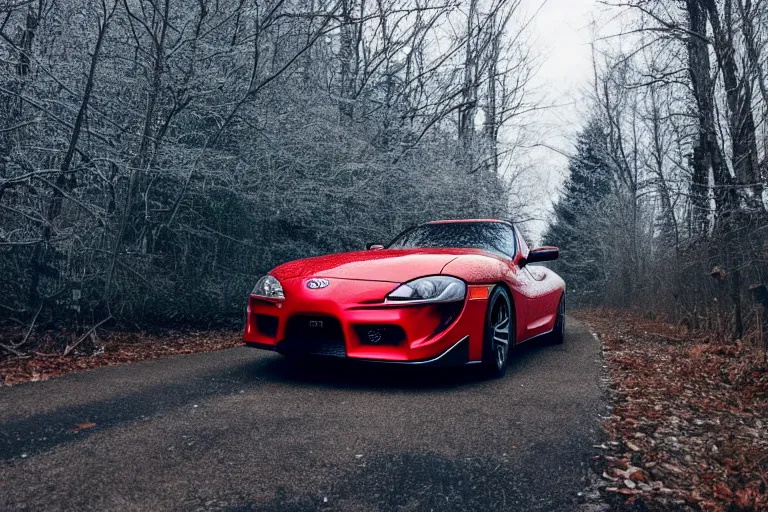 Image similar to A Toyota supra parked in a road with trees, Winter season, Epic photography, taken with a Canon DSLR camera, 50 mm, depth of field