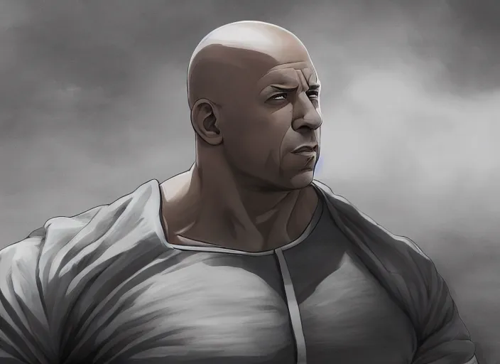 Image similar to landscape, long shot of vin diesel as saitama!!! throwing a car, hyperrealism, trending on artstation