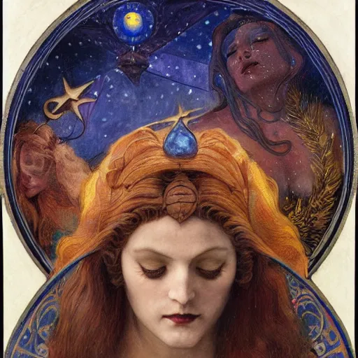 Prompt: queen of the moon with stars in her hair, by annie swynnerton and tino rodriguez and donato giancola and diego rivera and nicholas roerich and jean delville and charlie bowater and dulac, dramatic lighting, god rays, geometric tattoos, rich colors, smooth sharp focus, extremely detailed, leo and diane dillon, adolf wolfli