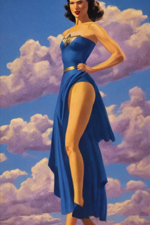 Image similar to full body portrait of gal gadot in the style of bill medcalf, blue sky with a few clouds, retro, 1 9 5 0, 4 k, detailed, 1 / 3 headroom, rule of thirds